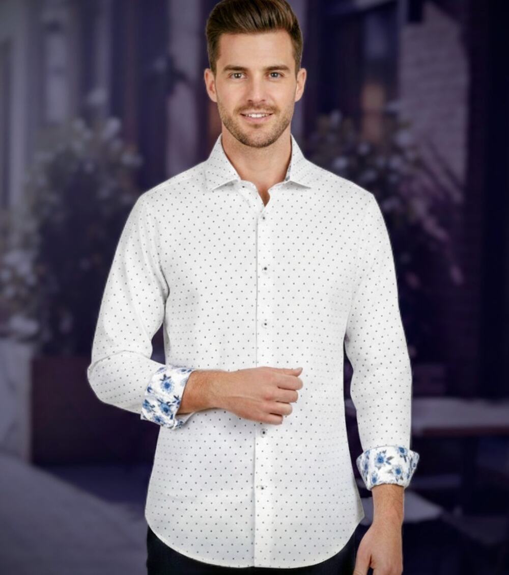 Cactus Man Ricky Singh Shirt Mens Medium M White Star Print Floral Cuffs Cotton